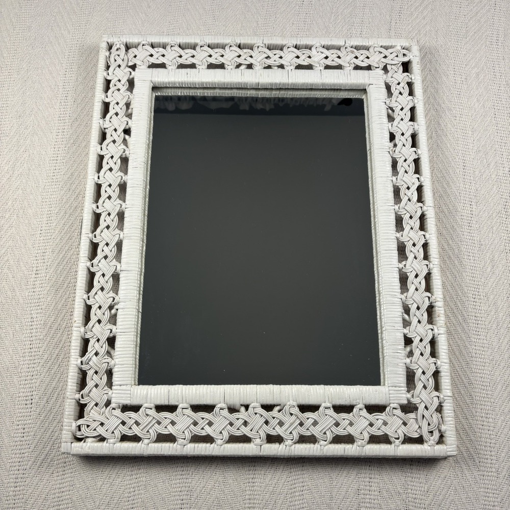 Vintage Rectangular White Wicker Mirror 1970's Cottage Core 21 x 17 Wall Mount